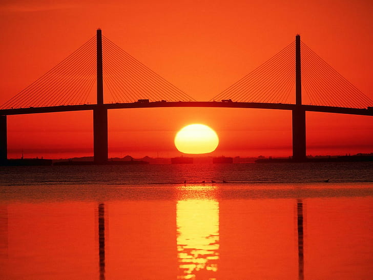 światło słoneczne, most, Floryda, zachód słońca, morze, sylwetka, Tapety HD