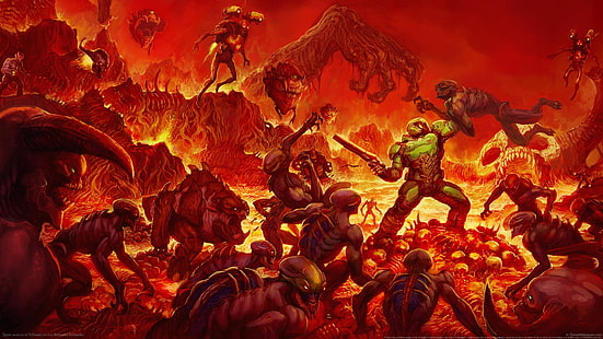 papel de parede de monstro e soldado, Doom (jogo), videogames, horror, demônio, Doom 4, Bethesda Softworks, Software de identificação, HD papel de parede HD wallpaper
