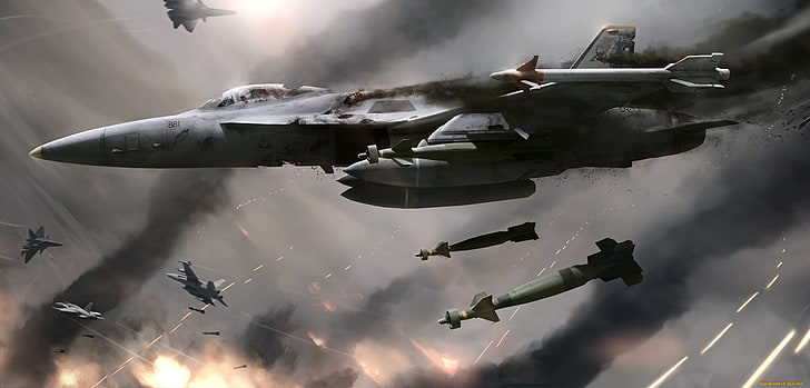 fondo de pantalla de avión de combate gris, obra de arte, arte digital, avión militar, avión, FA-18 Hornet, pelea de perros, bombas, Fondo de pantalla HD