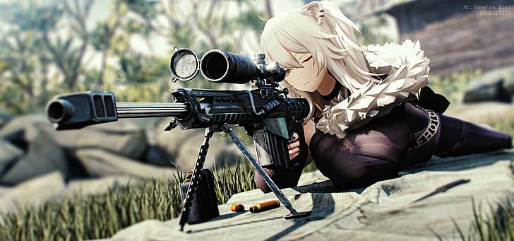 Kunstwerk, Anime-Mädchen, CGI, Kaukasier, blaue Augen, blond, weißes Haar, Scharfschützengewehr, Jacke, Militärmantel, Zielfernrohre, HD-Hintergrundbild