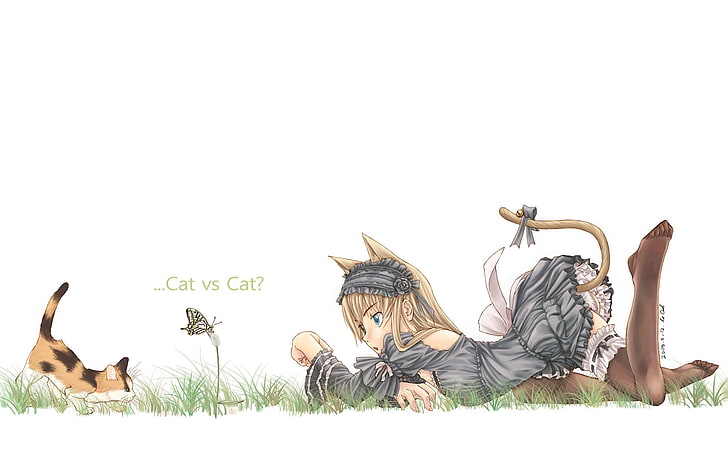 gadis kucing mengenakan gaun abu-abu anime digital wallpaper, suasana hati, kupu-kupu, gadis, kitty, neko, Wallpaper HD