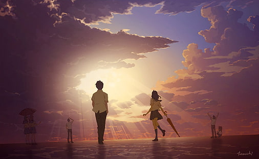 Anime, oryginał, chłopiec, chmura, dziewczyna, niebo, wschód słońca, parasol, Tapety HD HD wallpaper