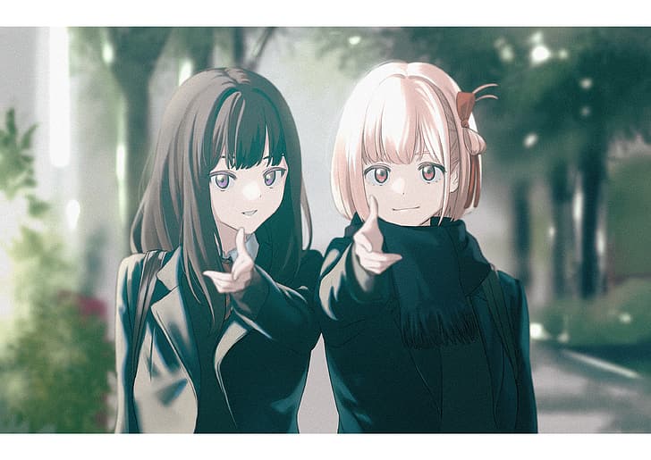 anime gadis anime Lycoris Recoil Nishikigi Chisato Inoue Takina rambut pendek berambut pirang rambut panjang rambut hitam dua wanita karya seni seni digital karya penggemar, Wallpaper HD