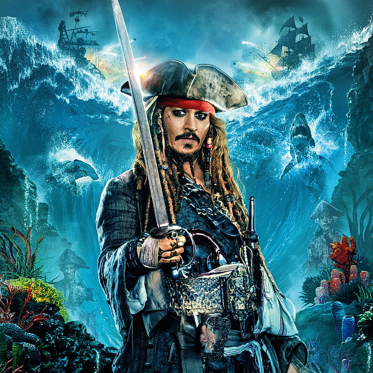 Johnny Depp en tant que peinture de Jack Sparrow, mer, Johnny Depp, bateaux, chapeau, fantaisie, capitaine, requins, Jack Sparrow, Pirates des Caraïbes, affiche, sabre, Pirates des Caraïbes: Les morts ne racontent pas les histoires, Les morts ne racontent pas les contes, Fond d'écran HD
