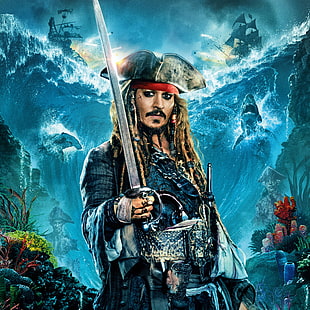 Johnny Depp as Jack Sparrow painting, sea, Johnny Depp, ships, hat, fantasy, captain, sharks, Jack Sparrow, Pirates of the Caribbean, poster, saber, Pirates of the Caribbean: Dead Men Tell No Tales, Dead men tell no tales, HD wallpaper HD wallpaper