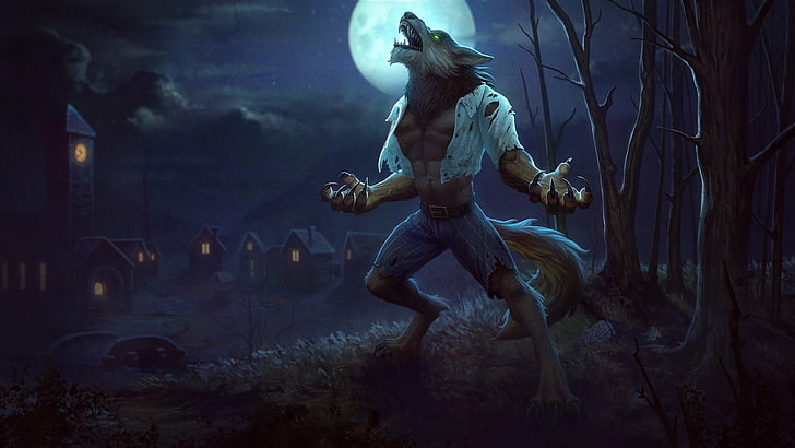 the moon, fantasy, art, the full moon, werewolf, Jon Neimeister, Fenrir Wolfman, HD wallpaper