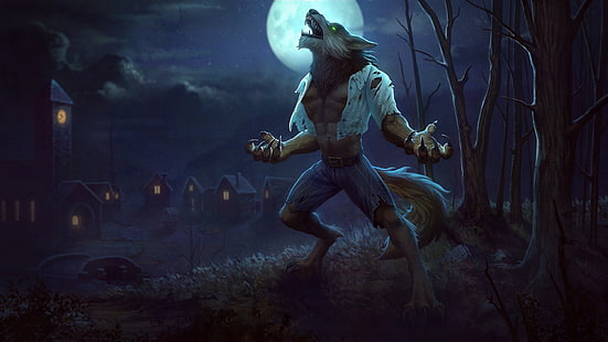 la lune, fantaisie, art, pleine lune, loup-garou, Jon Neimeister, Fenrir Wolfman, Fond d'écran HD HD wallpaper