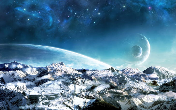 Snow planet fantasy sky, white and gray mountain ranges, Snow, Planet, Fantasy, Sky, HD wallpaper