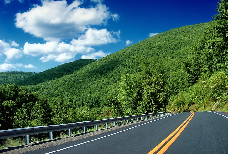 road with two yellow line and mountain photography, Open Road, yellow line, photography, Pennsylvania, Lycoming County, Pine Creek Gorge, Appalachian Mountains, Allegheny Plateau, PA-44, Route 44, Wilds, road, hills, mountains, sky, clouds, cumulus, bright light, creative commons, nature, mountain, asphalt, highway, landscape, forest, travel, curve, outdoors, tree, summer, scenics, green Color, HD wallpaper