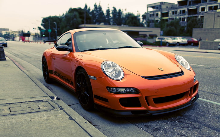 รถเก๋งสีส้มบนท้องถนนรถยนต์รถยนต์สีส้มปอร์เช่ 911 GT3 RS, วอลล์เปเปอร์ HD