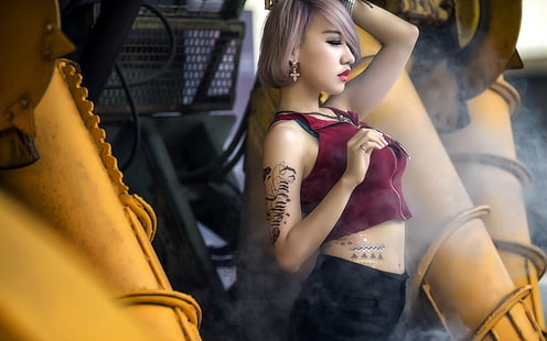Ragazze asiatiche, vestito rosso, tatuaggio, top corto senza maniche rosso da donna, asiatico, ragazze, rosso, vestito, tatuaggio, Sfondo HD HD wallpaper