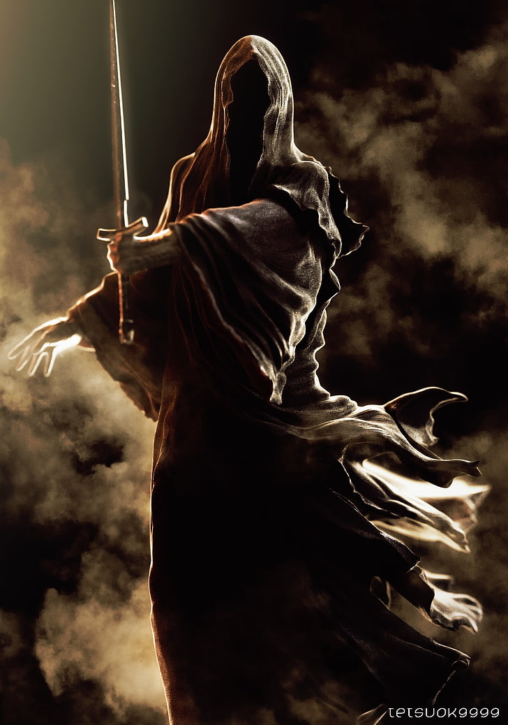 Mann im schwarzen Mantel mit Schwert als digitaler Hintergrund, Der Herr der Ringe, Nazgûl, HD-Hintergrundbild, Handy-Hintergrundbild