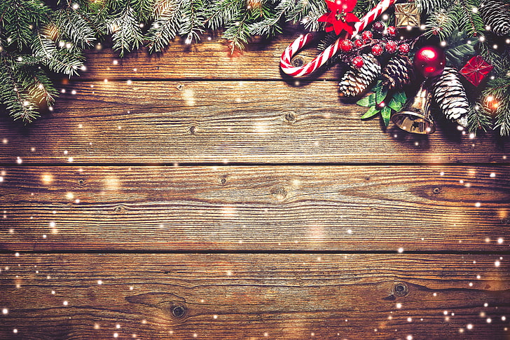 Christmas-themed border, decoration, branches, Board, New Year, Christmas, balls, bumps, wood, snow, merry christmas, xmas, fir tree, HD wallpaper