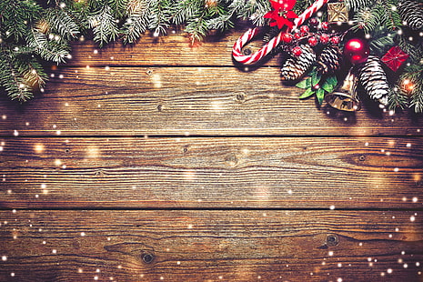 Perbatasan bertema natal, dekorasi, cabang, papan, tahun baru, natal, bola, benjolan, kayu, salju, selamat natal, xmas, pohon cemara, Wallpaper HD HD wallpaper