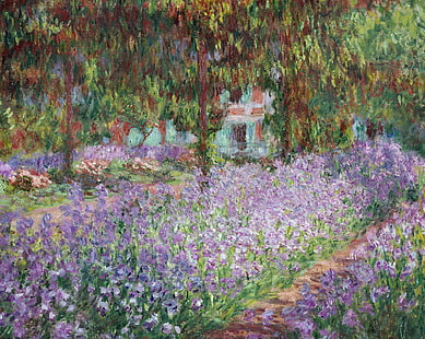 lavender field painting, landscape, picture, Claude Monet, Irises in Monet's Garden, HD wallpaper HD wallpaper