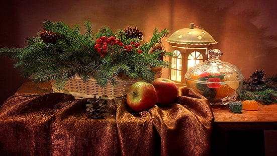 natura morta, fotografia di natura morta, natale, decorazioni natalizie, opere d'arte, sfondo del computer, lume di candela, dolci, mela, Sfondo HD HD wallpaper