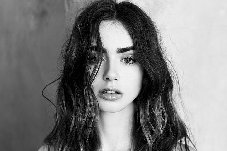 Actresses, Lily Collins, Actress, Black and White, English, Face, HD wallpaper