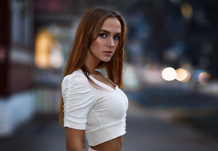 girl, long hair, photo, eyes, photographer, brown, model, lips, face, t-shirt, portrait, mouth, depth of field, straight hair, looking at viewer, Sergey Baryshev, Elena Butusov In, HD wallpaper
