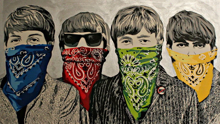 Les Beatles en train de dessiner, 4 hommes couvrant la bouche de la serviette, illustration, musique, 1920x1080, dessin, les Beatles, Fond d'écran HD