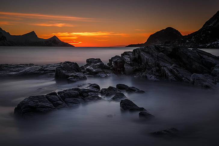 water sea with stone fragments under the clear sky during sunset, norway, norway, dreamland, haukland, norway, water, sea, fragments, sunset  beach, norwegen, fjord, eos, Stein  stone, canon, landscape, sun, lofoten, europe, europa, nature, National  Geographic, 6d, long  exposure, color, Travel Photography, magic, light, deep, north, dust, globetrotter, sunset, beach, coastline, dusk, scenics, outdoors, rock - Object, HD wallpaper