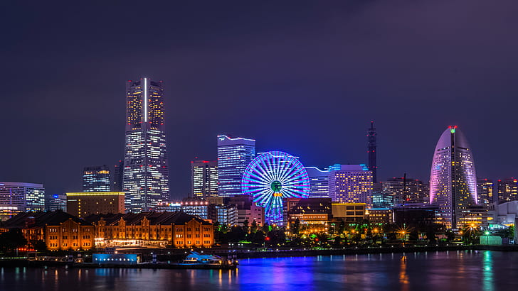 panoramic photography of lighted high rise building during nighttime, panoramic photography, high rise building, nighttime, FE, 35mm, F2.8, ZA, ILCE-7M2, Night photography, Sony, Yokohama, long exposure, night view, night, urban Skyline, cityscape, skyscraper, famous Place, architecture, river, urban Scene, dusk, tower, asia, reflection, modern, HD wallpaper