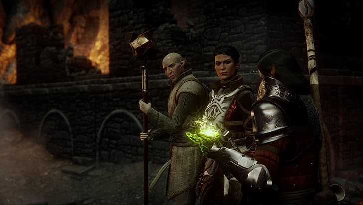 Dragon Age, Dragon Age Inquisition, Inquisitor, ciemne tło, ogień, Cassandra Pentaghast, Solas, gry na PC, Tapety HD