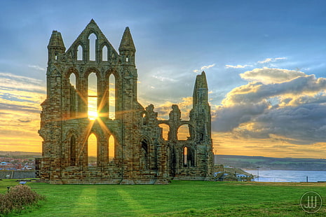 grey concrete church ruins besides body of water, Whitby Abbey, Sunset, grey, concrete, church, ruins, body of water, Calm, AD, Abbey, Autumn, Bay, Blue, Brooding, Coast, Colour, Clouds, Derelict, Desolate, Detail, Dilapidated, Dry, English Heritage, Evening, Fresh, Glow, Golden, Gothic, Grass, Hill, Historic, History, Green, K20D, Landmark, Afternoon, Light, Monastery, Orange, Outdoors, Peaceful, Moors, Pentax, Quiet, Stone, Stonework, Sunbeams, Sun, Sunlight, Texture, Tranquil, UK, Warm, Water, Whitby, Yellow, Yorkshire, smc, DA, F3.5, AL, II, WOW, James, Whitesmith, architecture, famous Place, cathedral, religion, gothic Style, tower, HD wallpaper HD wallpaper