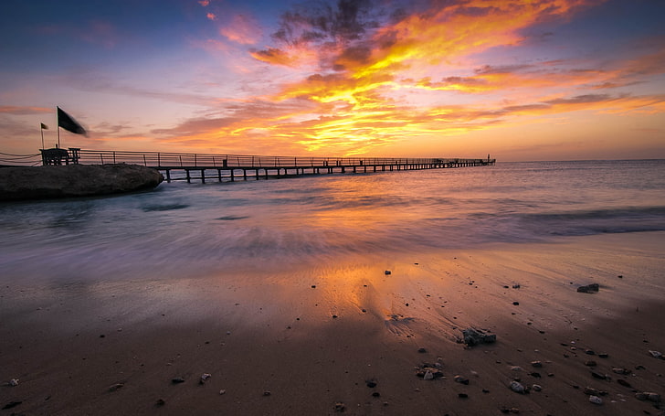photo de silhouette de rivage et de quai, mer, plage, jetée, lumière, ciel, Fond d'écran HD