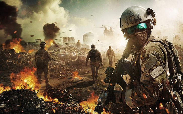 Fondo de pantalla de Call of Duty, Ghost Recon, videojuegos, militares, fuerzas especiales, guerra, fuego, escombros, rifle de asalto, Tom Clancy's Ghost Recon, Fondo de pantalla HD
