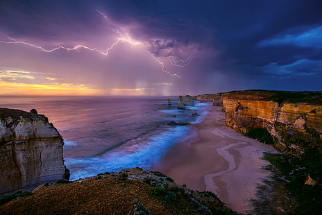 beach shore, lightning and clouds during sunset, nature, landscape, beach, storm, cliff, Australia, Twelve Apostles, HD wallpaper HD wallpaper
