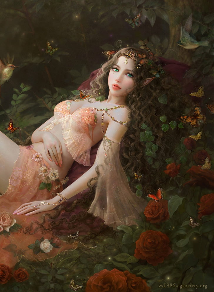 beautiful, elf, faairy, fantasy, forest, girl, rose, HD wallpaper
