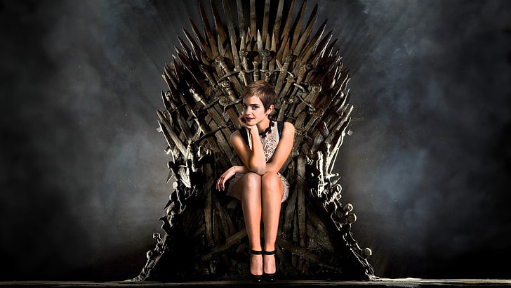 women's beige sleeveless dress, Emma Watson on iron throne, Emma Watson, Game of Thrones, Iron Throne, HD wallpaper