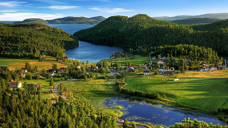 natura, paesaggio, alberi, foresta, nuvole, cielo, villaggio, acqua, linee elettriche, campo, vista lontana, Svezia, Sfondo HD