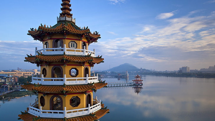 Pagoda Temple, Taiwan, Asian architecture, pavilion, building, city, urban, HD wallpaper