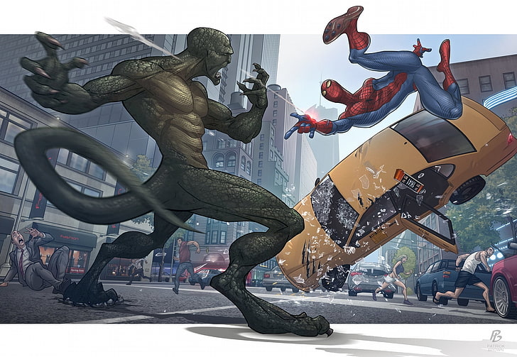 Marvel Spider-Man versus Reptile wallpaper, the city, people, spider-man, fight, lizard, taxi, Patrick brown, The Amazing Spider-man, HD wallpaper
