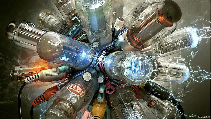 lotto di bottiglie di colori assortiti, opere d'arte, fantasy art, arte digitale, lampadina, elettricità, fili, tubi, Sfondo HD