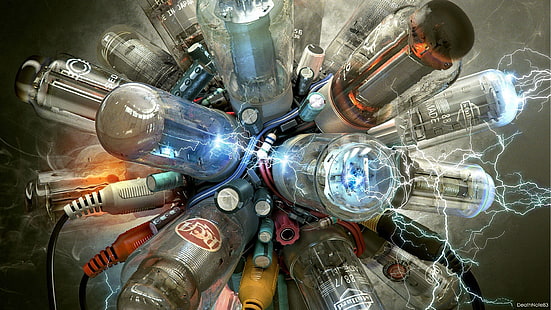assorted-color bottle lot, artwork, fantasy art, digital art, lightbulb, electricity, wires, Tubes, HD wallpaper HD wallpaper
