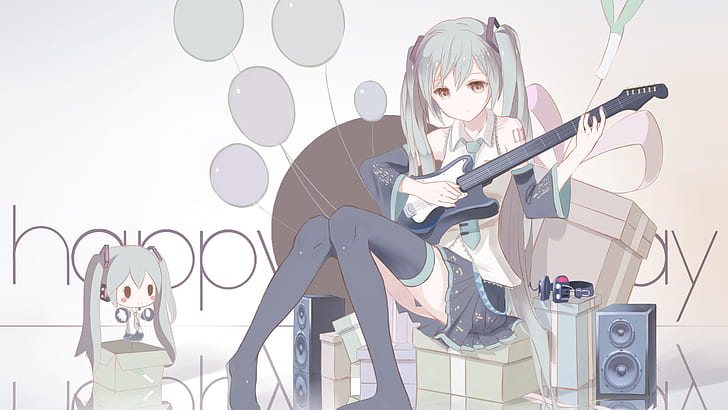 guitar, Vocaloid, thigh-highs, HD wallpaper