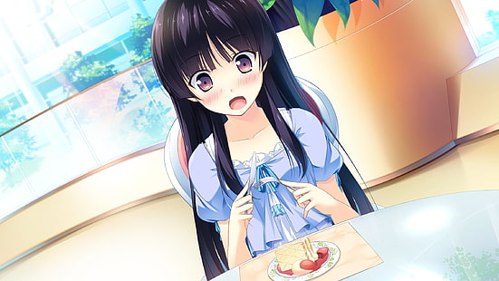 dentro de casa comida visual novel jogo cg blush boca aberta olhos castanhos anime meninas comendo cabelo preto kono ooz Abstrato 3D e CG arte em HD, comida, INTERIORES, HD papel de parede HD wallpaper
