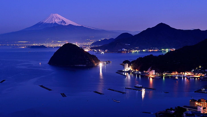 自然、海、反射、空、富士山、山の風景、日本、夕暮れ、富士、夜、山、海岸、夜、アジア、島、湾、 HDデスクトップの壁紙