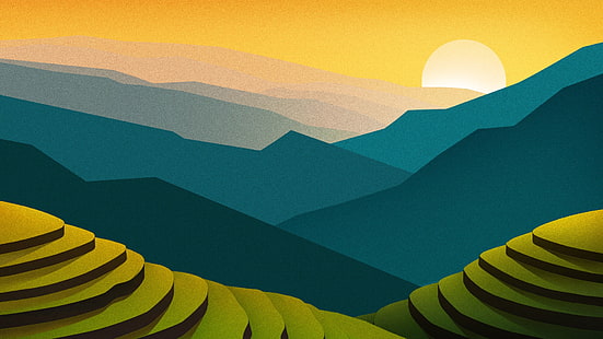 Künstlerisch, Landschaft, Minimalistisch, Berg, Natur, Reisterrasse, Sonne, Sonnenuntergang, HD-Hintergrundbild HD wallpaper