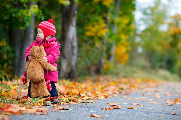 road, autumn, trees, children, childhood, child, little girl, lonely, Teddy bear, HD wallpaper