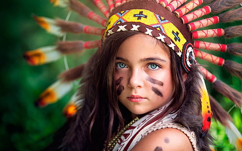 Little Indian, girl's yellow brown and red feather headdress, indian, little girl, HD wallpaper HD wallpaper
