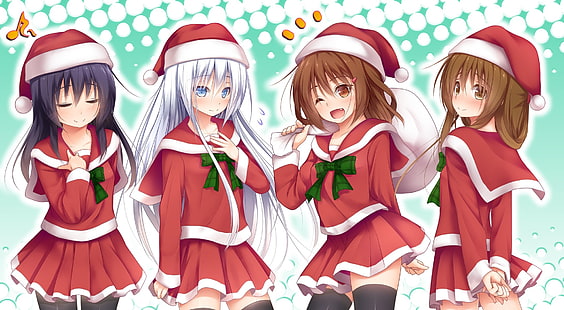 four female anime characters wallpaper, Christmas, anime, anime girls, Kantai Collection, Akatsuki (KanColle), Hibiki (KanColle), Ikazuchi (KanColle), Inazuma (KanColle), Santa costume, thigh-highs, HD wallpaper HD wallpaper