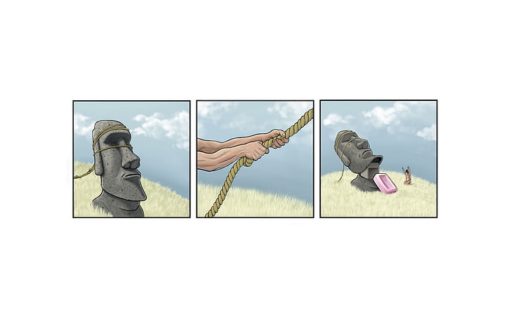илюстрация на въже и статуя на Моай колаж, живопис, комикси, въжета, бонбони, хумор, HD тапет
