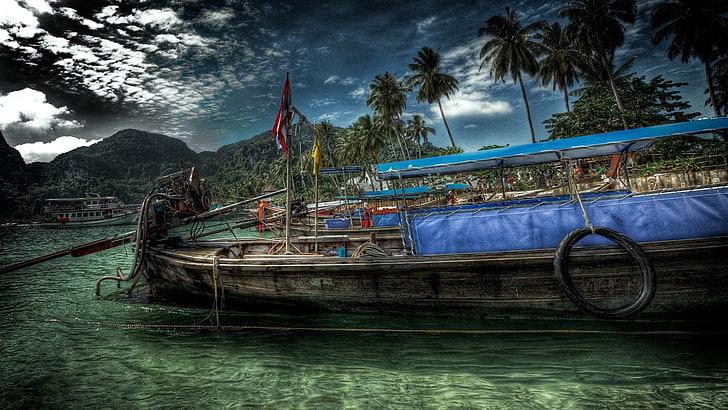 HDR, boat, palm trees, island, clouds, HD wallpaper