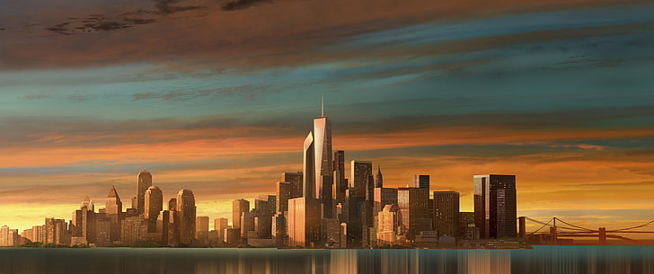 Иллюстрация небоскреба Нью-Йорка, небоскреб, город, Нью-Йорк, Всемирный торговый центр, HD обои
