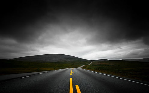 lines, dark, clouds, black, sky, nature, yellow, landscape, asphalt, mountains, highway, HD wallpaper HD wallpaper