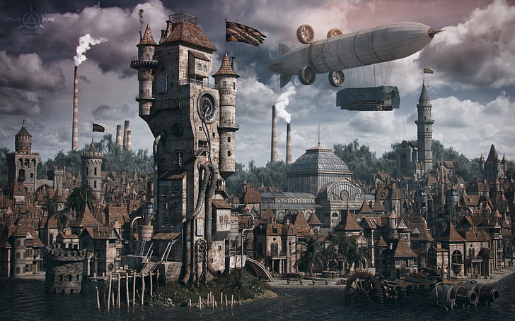 la ciudad, edificio, dirigible, estructura, steampunk, Fondo de pantalla HD