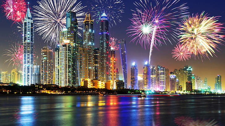 Emirados Árabes Unidos, Dubai, linda noite, beira-mar, arranha-céus, luzes, fogos de artifício, Emirados Árabes Unidos, Dubai, linda, noite, beira-mar, arranha-céus, luzes, fogos de artifício, HD papel de parede